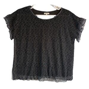 Max‎ Studio Polka Dot Ruffled Sheer Mesh Flutter Sleeve Top Black Women's 1X